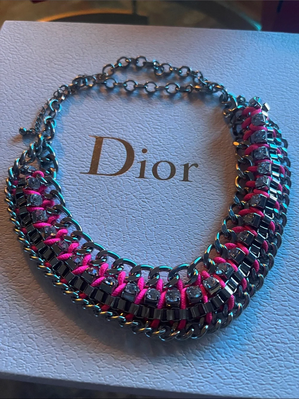 Hot Pink Cloth and Silver Chain-Linked Collar Necklace